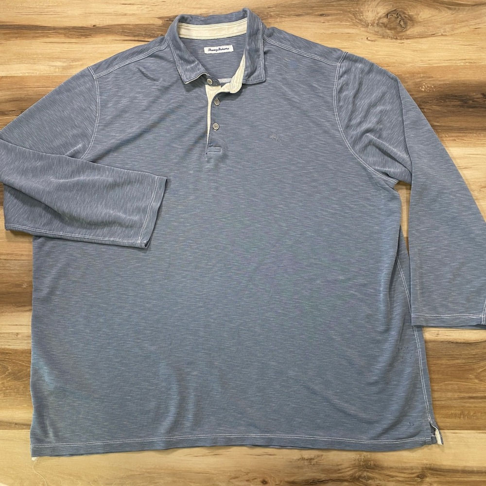 Tommy Bahama Polo Shirt 3XLT Long Sleeve Slub Knit Casual Blue Big & Tall